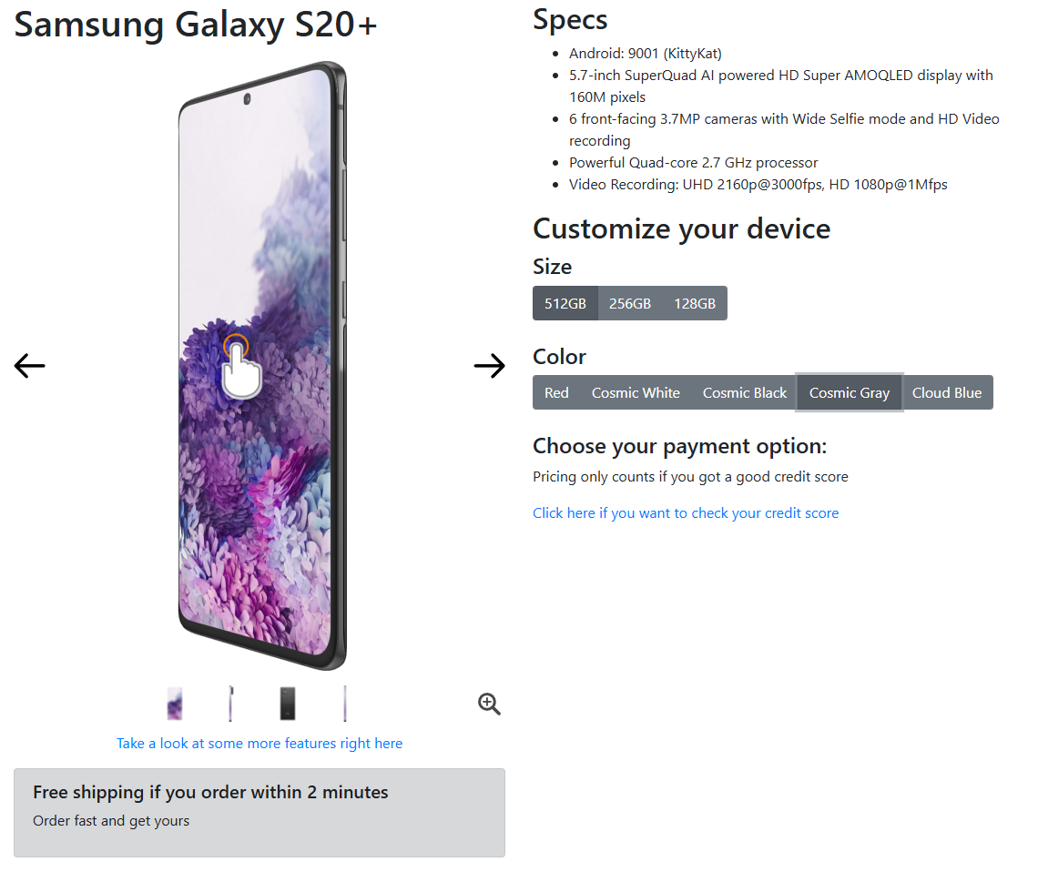 Cosmic Gray selected in the Samsung Galaxy S20 Plus assessment page